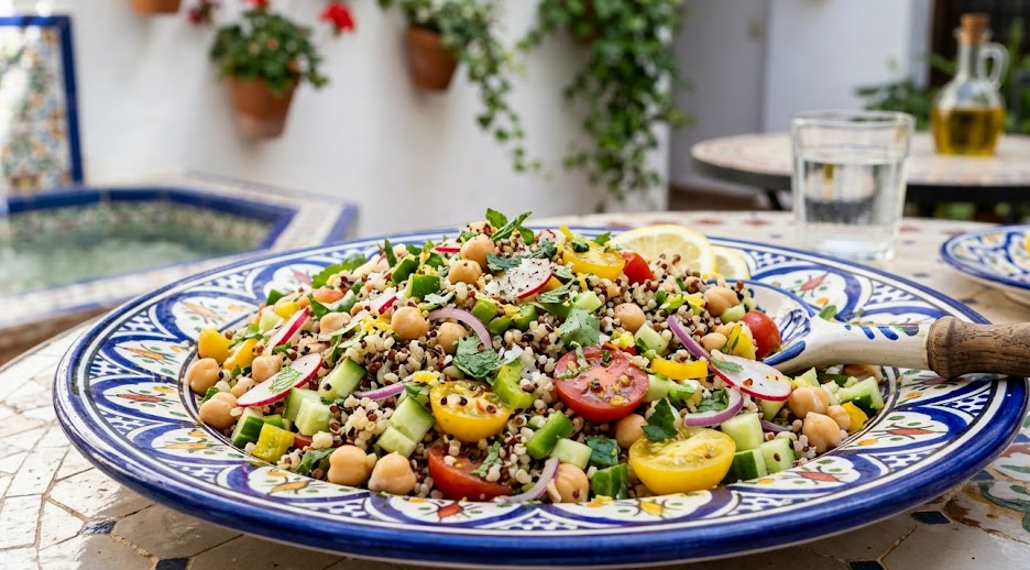 Cuenco de ensalada de quinoa con verduras y garbanzos