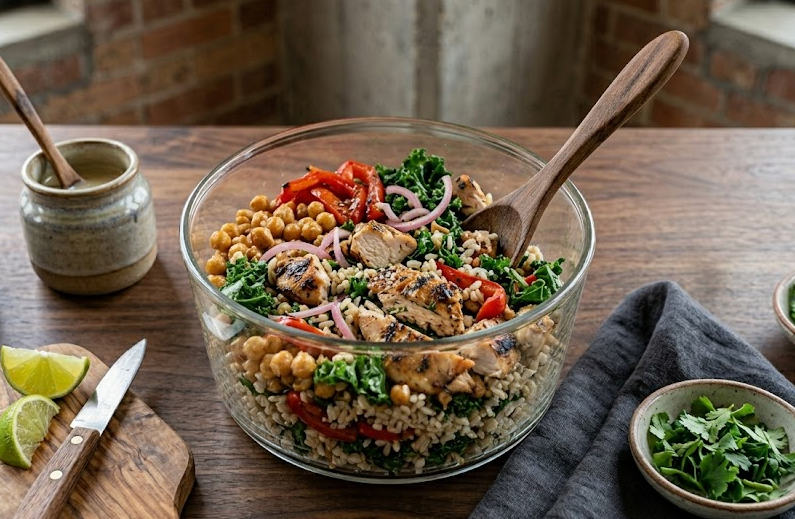 Bowl de pollo, arroz y verduras
