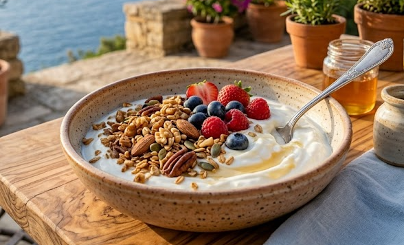 Bol de yogur griego con granola y fruta