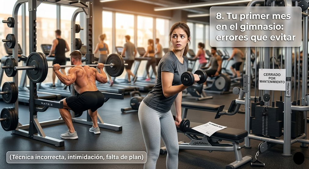 Mujer principiante entrenando en gimnasio mientras otros usuarios entrenan alrededor