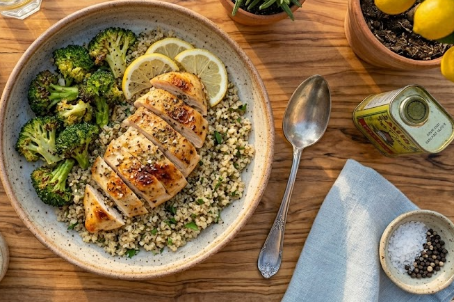Plato de pollo con quinoa y brócoli