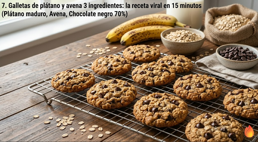 Galletas de plátano y avena con pepitas de chocolate sobre rejilla de enfriado