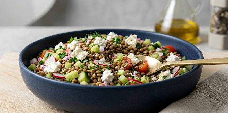 Plato de ensalada de lentejas con feta