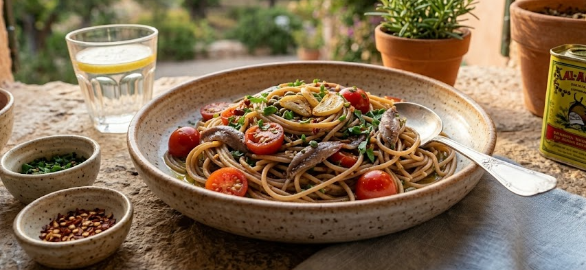 Plato de pasta integral con tomate y boquerones