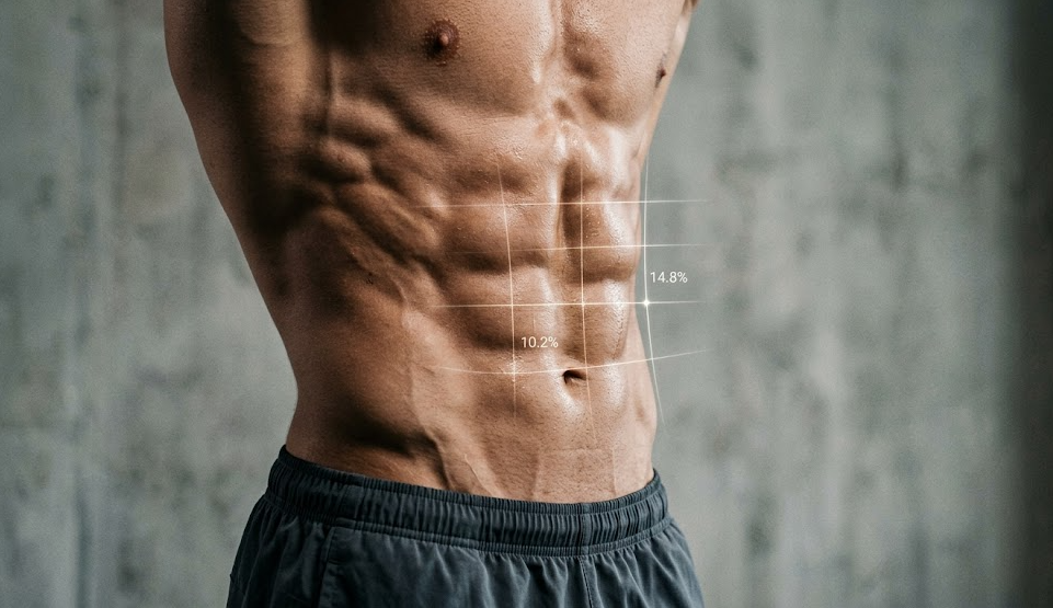Torso masculino definido con referencia visual de porcentaje de grasa corporal
