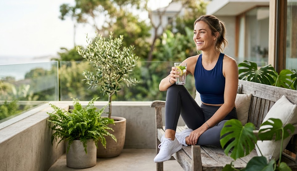 Mujer deportista descansando al aire libre con bebida saludable