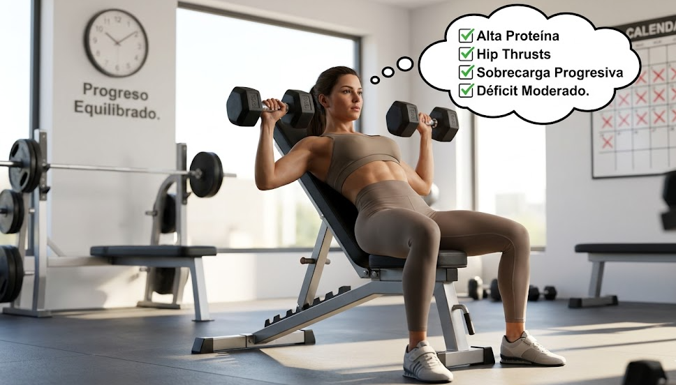 Mujer entrenando con mancuernas y checklist de claves para perder grasa sin perder pecho ni glúteo