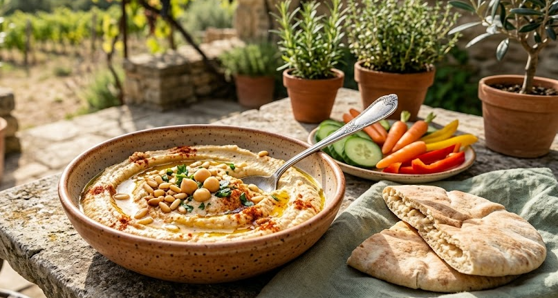 Cuenco de hummus con aceite y pimentón
