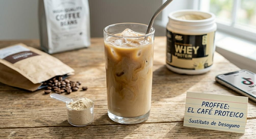 Vaso de proffee, café proteico viral con whey y hielo