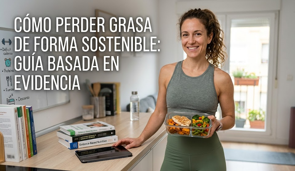 Mujer con tupper de comida saludable y guía basada en evidencia para perder grasa