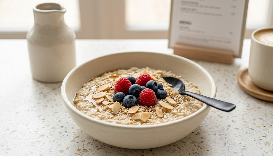 Bol de porridge de avena con frutos rojos