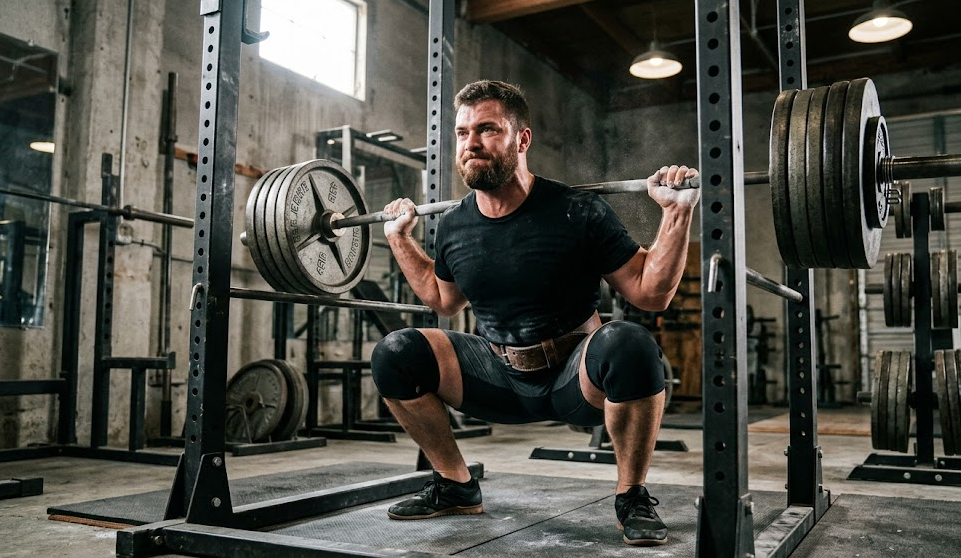 Hombre realizando sentadilla con barra pesada en rack