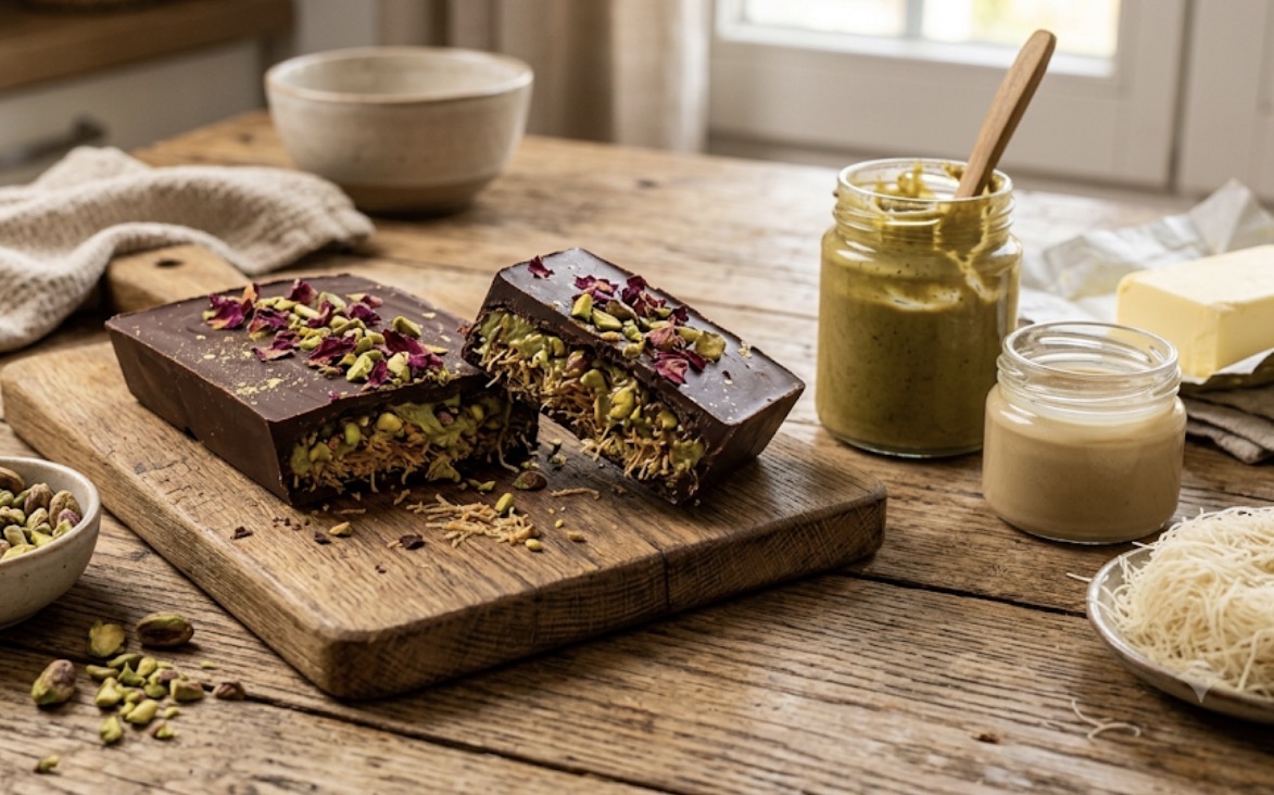 Una tableta de chocolate con leche gruesa y artesanal, cortada por la mitad para revelar un relleno denso, cremoso y de color verde esmeralda vibrante hecho de crema de pistacho puro mezclada con hilos dorados y crujientes de masa kataifi tostada. La superficie del chocolate tiene sutiles salpicaduras de oro comestible y está sobre una tabla de mármol pulido en una cocina soleada con luz natural suave