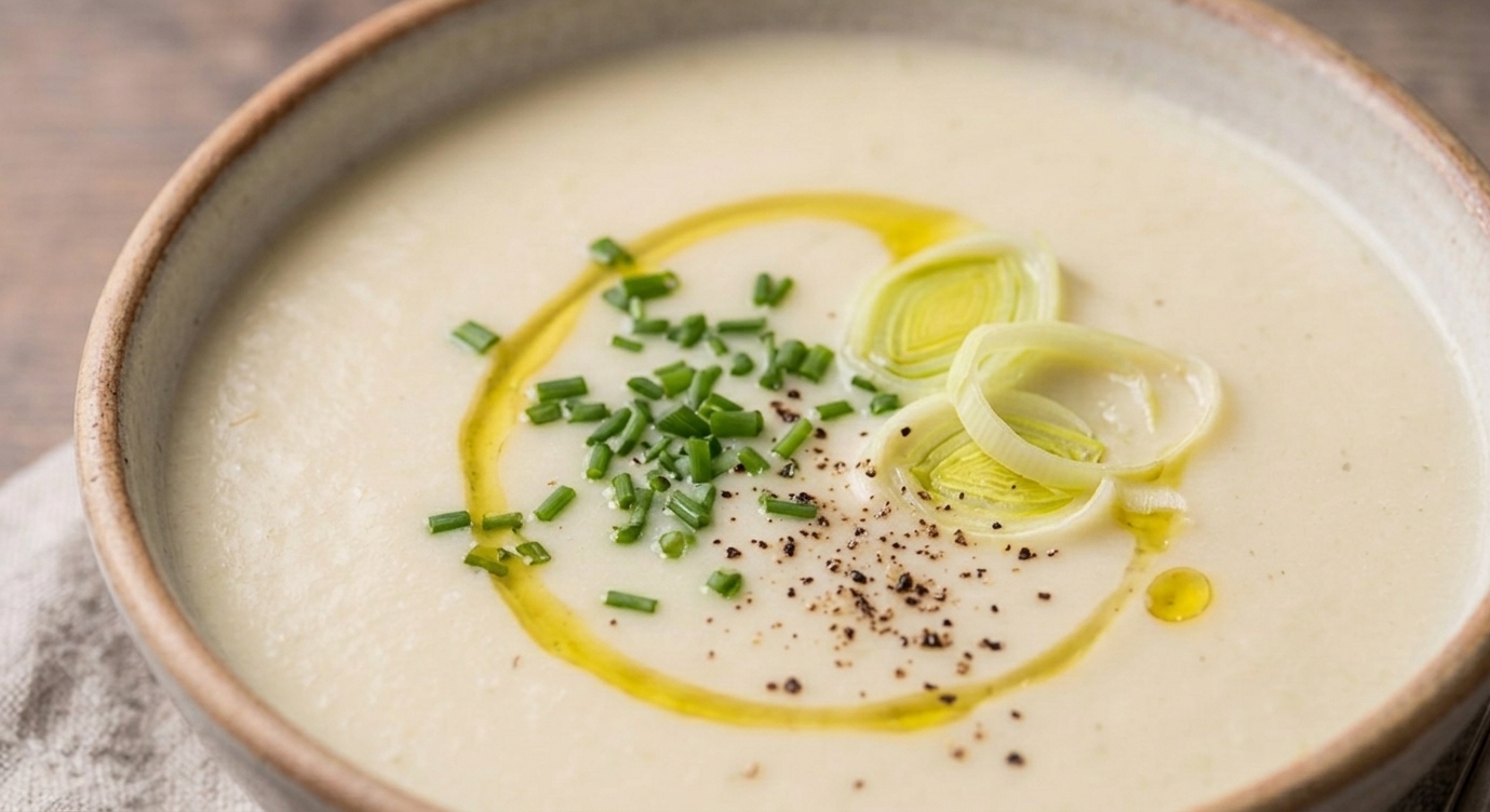 Una toma de primer plano overhead de un tazón rústico de cerámica lleno de cremosa sopa de patata y puerro, bellamente adornada con un remolino de aceite de oliva virgen extra, cebollino fresco picado, aros de puerro rebanados y pimienta negra molida. El tazón descansa sobre una servilleta de lino gris sobre una superficie de madera.