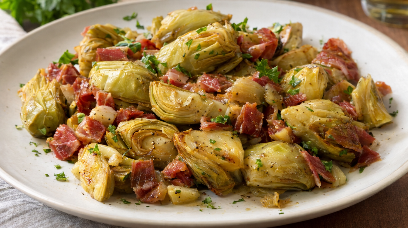 Alcachofas salteadas con jamón