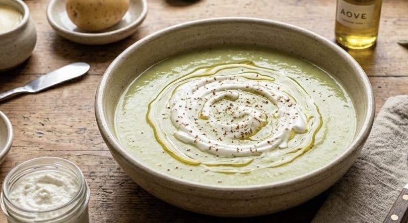 Una toma cenital y bien compuesta sobre una mesa de madera rústica muestra un tazón grande de cerámica que contiene una crema de calabacín y puerro de color verde pálido. La sopa está decorada con un remolino de crema, un chorrito de aceite de oliva y pimienta negra. Alrededor del tazón, se disponen ingredientes crudos: calabacines enteros y en rodajas, puerros enteros, dos patatas enteras en platillos individuales, y un frasco de queso batido. También hay una botella pequeña de aceite de oliva, ajo entero, hojas de laurel, una nuez moscada con rallador y una cuchara de madera con especias. Una servilleta de lino con una cuchara de metal y mango de madera está a la derecha del tazón. La luz es natural y suave, creando una escena culinaria acogedora.
