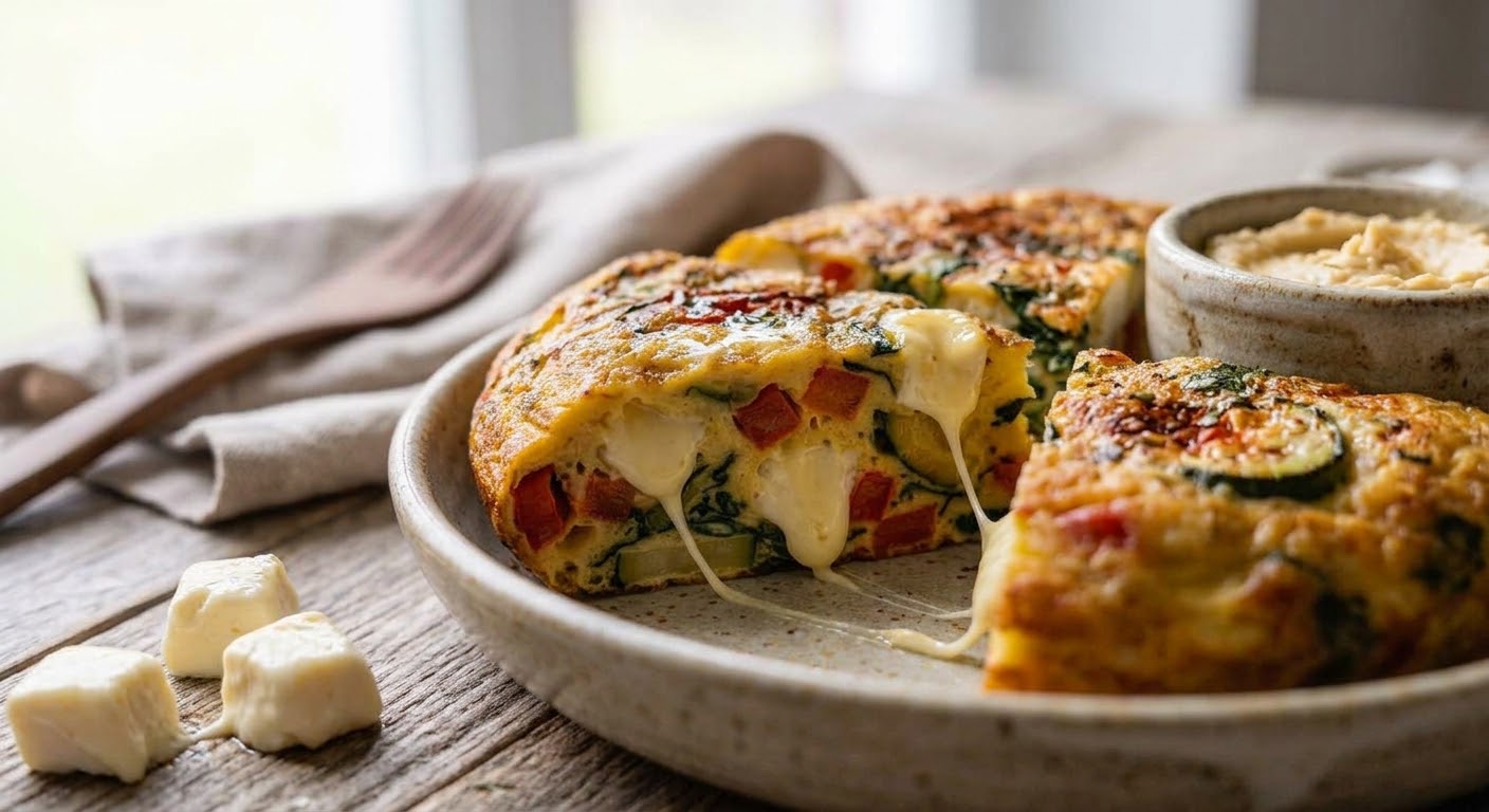 Vista en ángulo bajo a 45 grados de una gruesa tortilla dorada de verduras y queso fresco cortada en cuña sobre un plato de cerámica rústica. El corte transversal muestra trozos coloridos de pimiento rojo, calabacín, espinacas y dados blancos de queso fresco integrados en el huevo esponjoso. El fondo suavemente desenfocado muestra una servilleta de lino y luz natural de ventana.