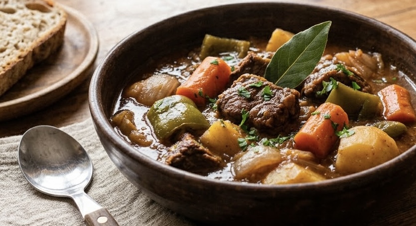 Una fotografía de estilo rústico que muestra un tazón de cerámica marrón lleno de un guiso de ternera abundante y reconfortante. El guiso contiene trozos visibles de carne, zanahorias, pimientos verdes y patatas, y está adornado con una hoja de laurel y perejil picado. El tazón está sobre una mesa de madera de aspecto desgastado. A la izquierda, hay rebanadas de pan rústico en un plato de madera y una cuchara antigua sobre una servilleta de lino. A la derecha, un pequeño plato de cerámica contiene un ajo entero, una zanahoria cruda y hojas de laurel. En el fondo, hay una ventana.