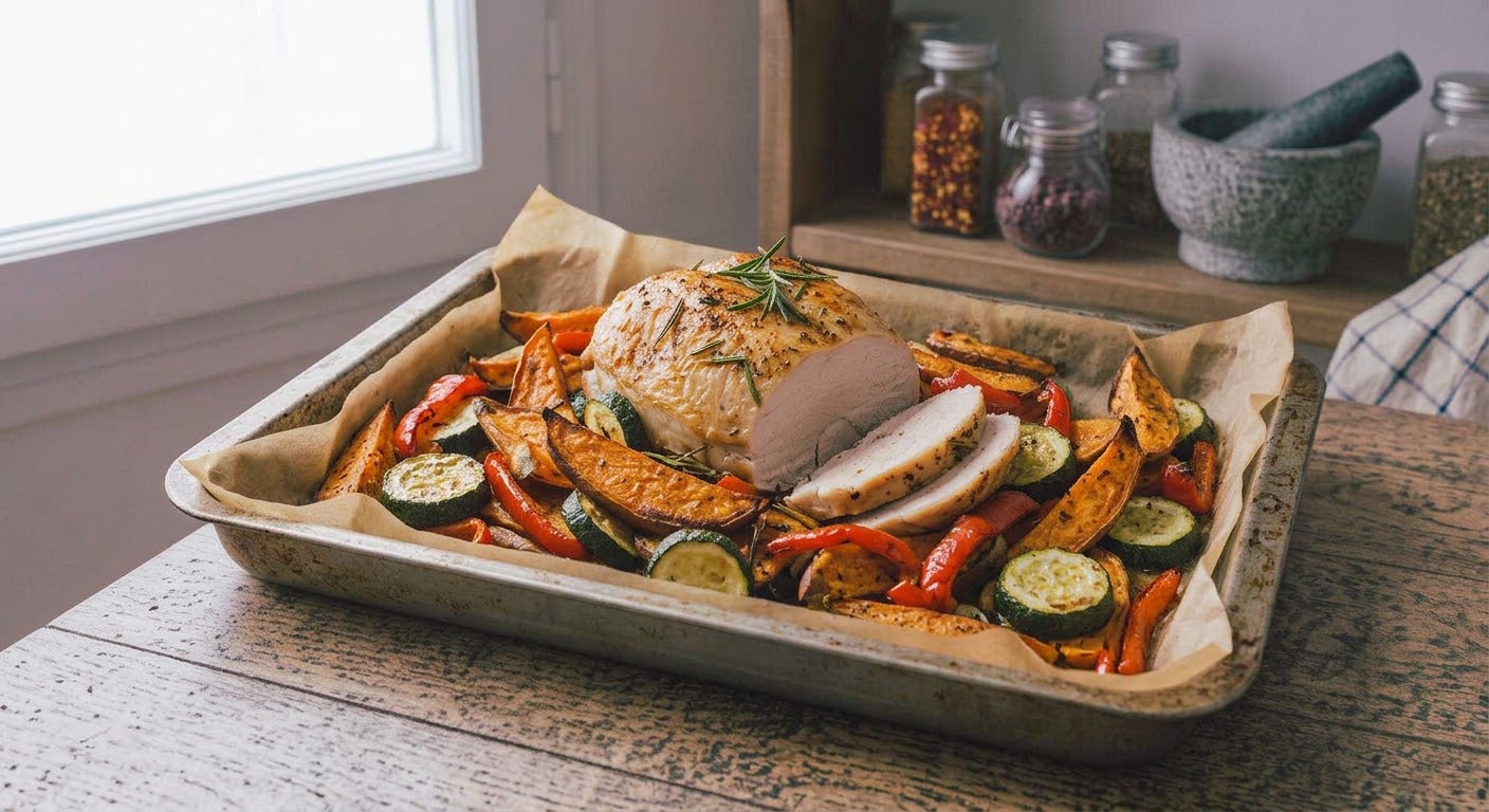 Pechuga de pavo horneada junto a boniato, calabac\u00edn y pimiento, ali\u00f1ados con aceite de oliva y hierbas