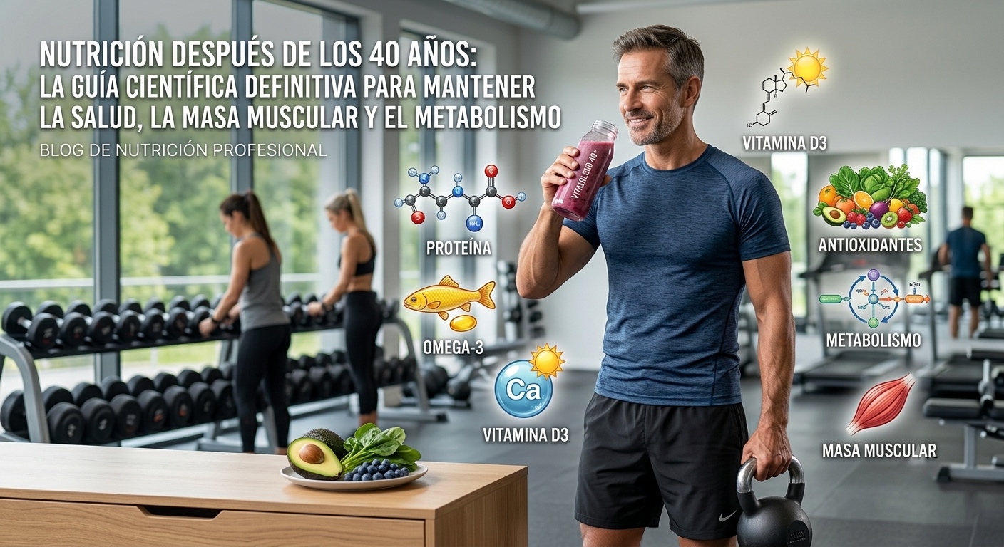 Hombre maduro de aspecto saludable y en forma bebiendo un batido en un gimnasio. A su alrededor hay ilustraciones e iconos nutricionales que representan la ingesta de proteínas, omega-3, vitamina D3, antioxidantes, metabolismo y masa muscular. Incluye el título: Nutrición después de los 40 años.