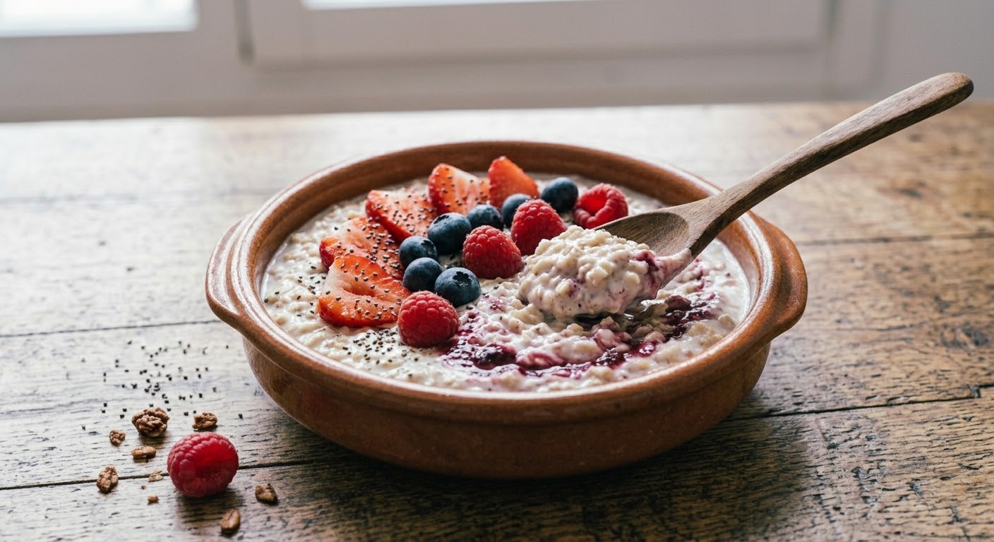 Un primer plano de un tazón rústico de terracota lleno de cremosas gachas de avena (porridge) sobre una mesa de madera desgastada. La avena está artísticamente cubierta con rodajas de fresa fresca dispuestas en abanico, arándanos enteros y frambuesas rojas. Las semillas de chía están espolvoreadas sobre las fresas y la avena, y hay un remolino de coulis de frutos rojos mezclado en el plato. Una cuchara de madera está sumergida en el tazón, sacando una cucharada de la avena mezclada con el coulis. En el primer plano a la izquierda, sobre la mesa de madera, hay algunas migas de granola dispersas y una frambuesa fresca entera. El fondo está desenfocado, mostrando una ventana con luz natural y marcos blancos. La iluminación es suave y natural.