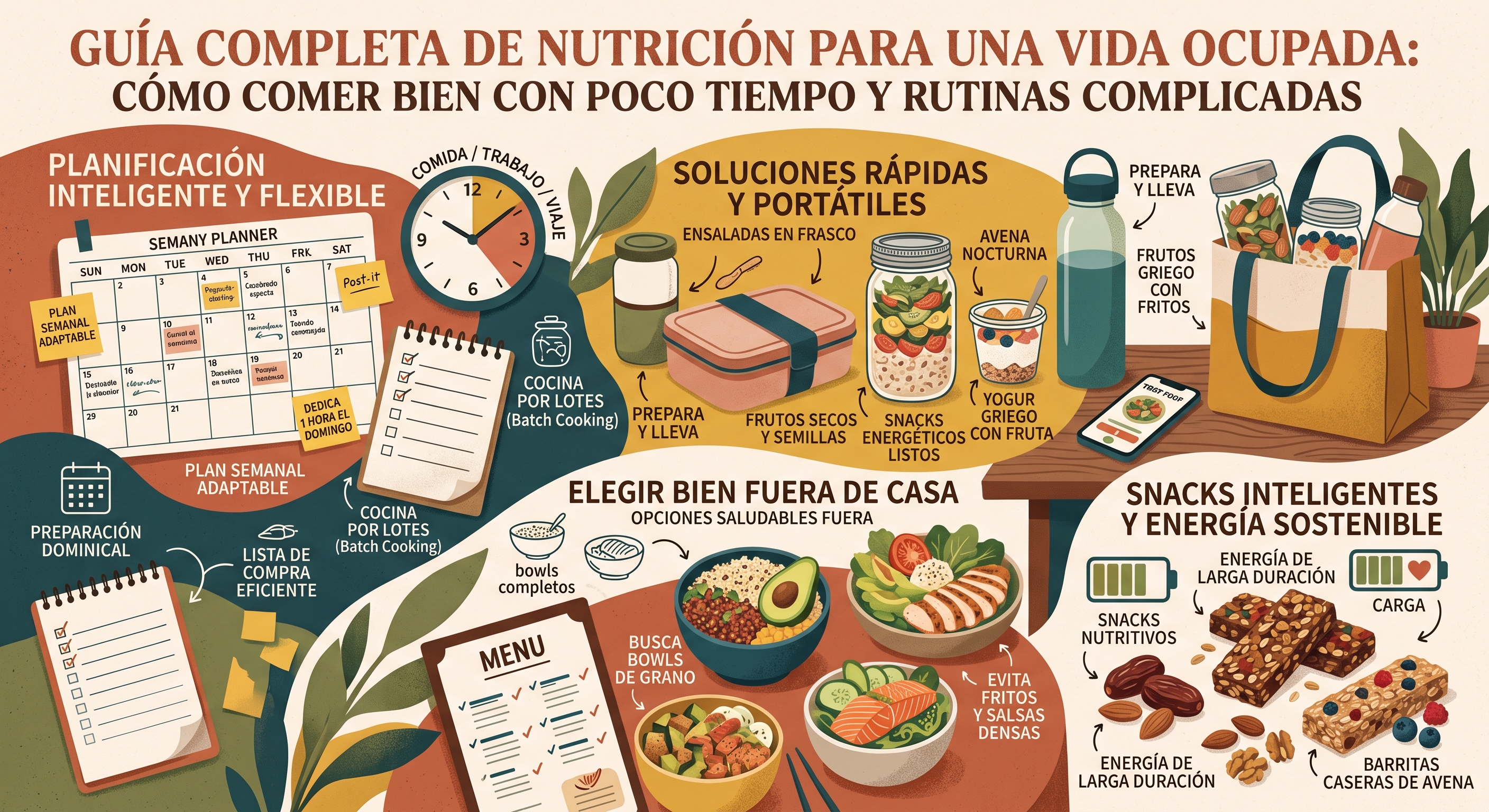 Texto alternativo (Alt text):  Una infografía detallada de estilo ilustrado titulada "GUÍA COMPLETA DE NUTRICIÓN PARA UNA VIDA OCUPADA: CÓMO COMER BIEN CON POCO TIEMPO Y RUTINAS COMPLICADAS". Está dividida en cuatro áreas principales con fondo de tonos cálidos y verdosos:  Arriba a la izquierda ("PLANIFICACIÓN INTELIGENTE Y FLEXIBLE"): Muestra un calendario mensual ("Semany Planner"), un reloj que divide el tiempo (Comida, Trabajo, Viaje), y libretas de notas con listas de tareas que sugieren "Cocina por lotes (Batch Cooking)", hacer una "Lista de compra eficiente" y la preparación dominical.  Arriba a la derecha ("SOLUCIONES RÁPIDAS Y PORTÁTILES"): Ilustra alimentos preparados para llevar, incluyendo un tupperware, "Ensaladas en frasco", tarros con "Avena nocturna" y "Yogur griego con fruta", además de frutos secos. A la derecha, una bolsa de tela reutilizable está llena con estos recipientes listos para llevar, junto a una botella de agua y un teléfono móvil mostrando una receta.  Abajo a la izquierda ("ELEGIR BIEN FUERA DE CASA"): Muestra un menú de restaurante junto a ilustraciones de platos saludables como "Bowls completos" con quinoa y aguacate, ensalada con pollo a la plancha, y un bol de salmón. Incluye consejos de texto como "Busca bowls de grano" y "Evita fritos y salsas densas".  Abajo a la derecha ("SNACKS INTELIGENTES Y ENERGÍA SOSTENIBLE"): Presenta ilustraciones de frutos secos (nueces, almendras), dátiles y "Barritas caseras de avena". Los acompañan iconos de baterías verdes cargadas que simbolizan "Energía de larga duración".