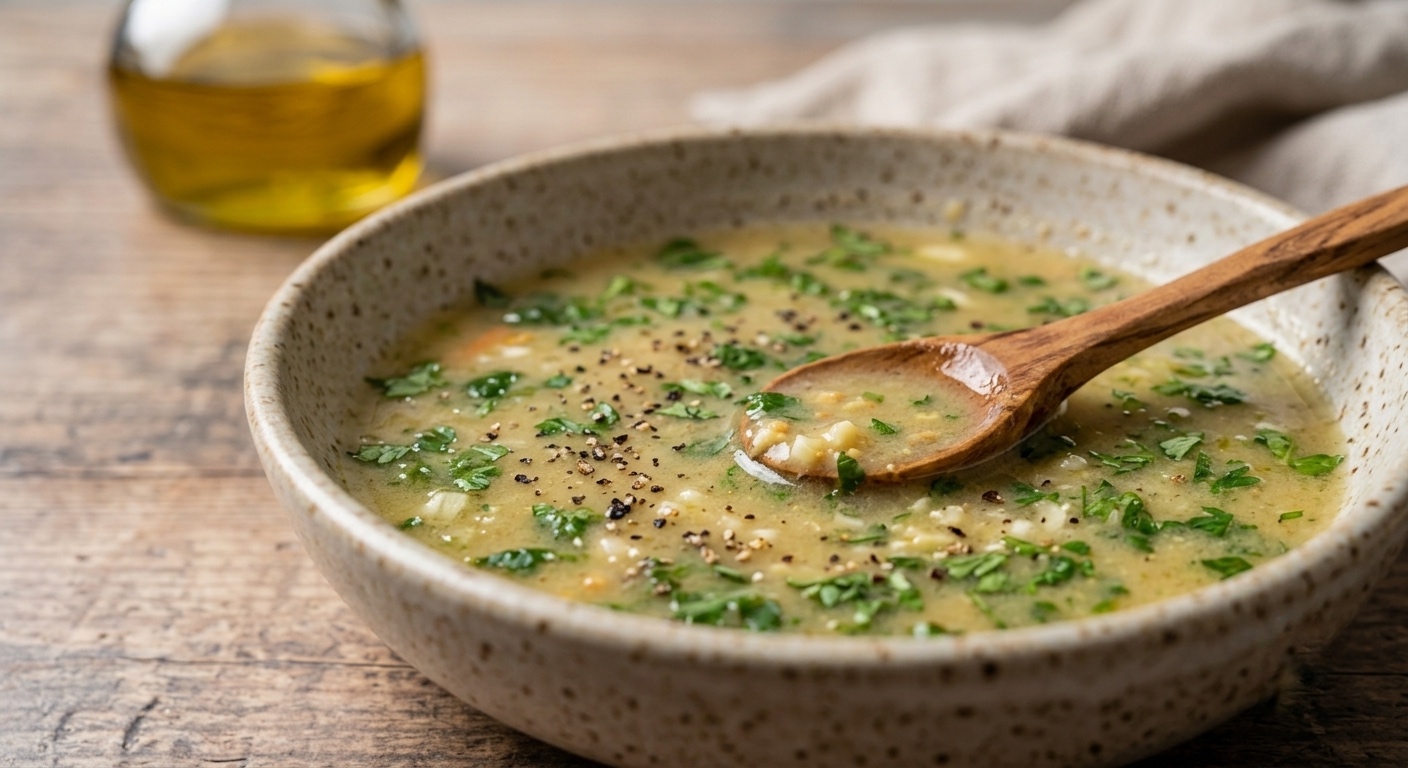 Un primer plano de un tazón de cerámica moteada lleno de sopa de verduras espesa y texturizada, con hierbas verdes frescas picadas, trozos de verduras visibles y pimienta negra molida, con una cuchara de madera rústica sumergida en ella. El tazón descansa sobre una mesa de madera rústica envejecida, con una botella de aceite de oliva y una servilleta de lino desenfocadas al fondo.