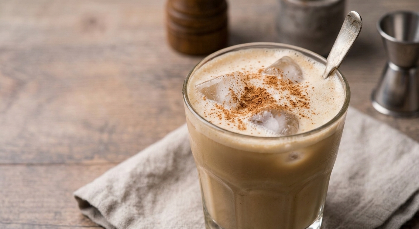 Un primer plano de un vaso de café con leche helado y cremoso sobre una mesa de madera rústica. La bebida está cubierta con una capa de espuma espolvoreada con canela molida, y tiene varios cubitos de hielo visibles. Una cuchara de metal está sumergida en el vaso. El vaso descansa sobre una servilleta de lino gris. En el fondo, desenfocados, se ven utensilios de bar como un molinillo de madera y un jigger