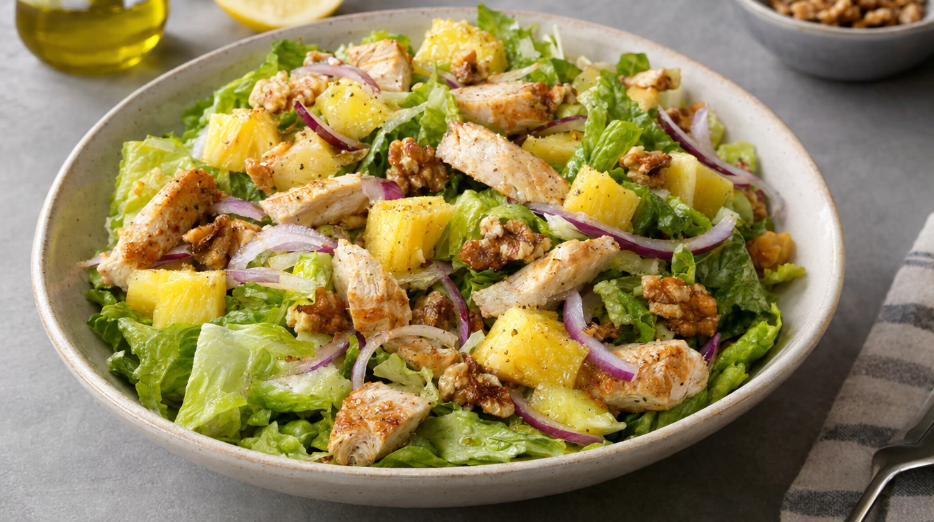 Ensalada de pollo, nueces y piña