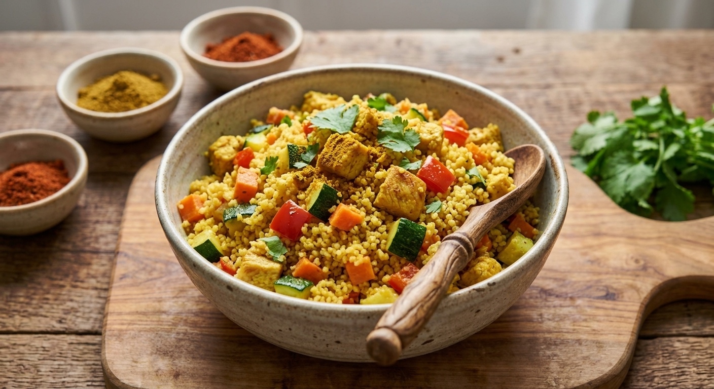 Un tazón de cerámica rústica y moteada, lleno de cuscús amarillo vibrante mezclado con dados dorados de pollo o tofu, calabacín, pimiento rojo y zanahoria. El plato está decorado con cilantro fresco y una cuchara de madera tallada descansa en el borde. El tazón está situado sobre una tabla de cortar de madera rústica, con tres pequeños tazones de especias (cúrcuma y pimentón) y un manojo de cilantro fresco en el fondo desenfocado sobre una mesa de madera desgastada.