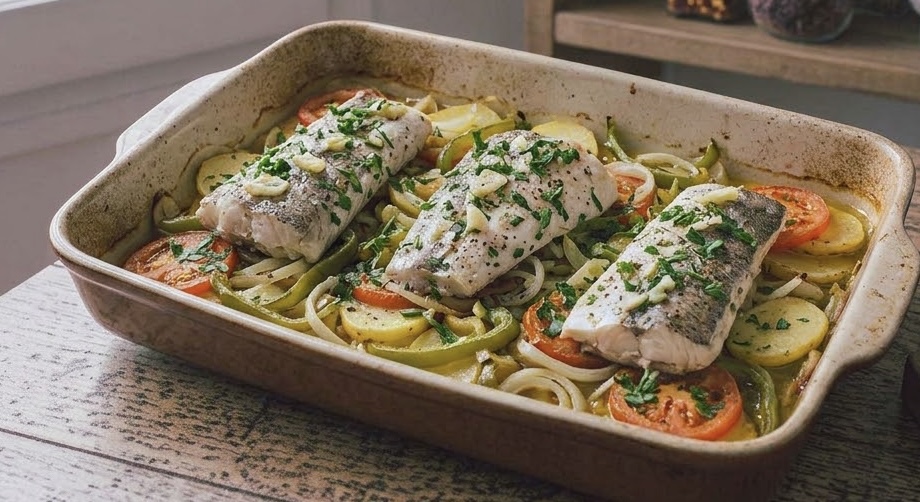 Una fuente de cerámica rústica llena de tres filetes de bacalao asado sazonados con ajo y perejil fresco, colocados sobre una cama de verduras mixtas asadas (patatas, tomates cherry, cebollas y pimientos verdes). La fuente descansa sobre una mesa de madera desgastada cerca de una ventana brillante. En el fondo, una estantería de madera sostiene frascos de especias de vidrio, un mortero de piedra y un paño de cocina a cuadros. En primer plano, a la derecha, hay una aceitera de vidrio con aceite de oliva, dientes de ajo pelados y una rama de perejil fresco en una tabla de cortar de madera.
