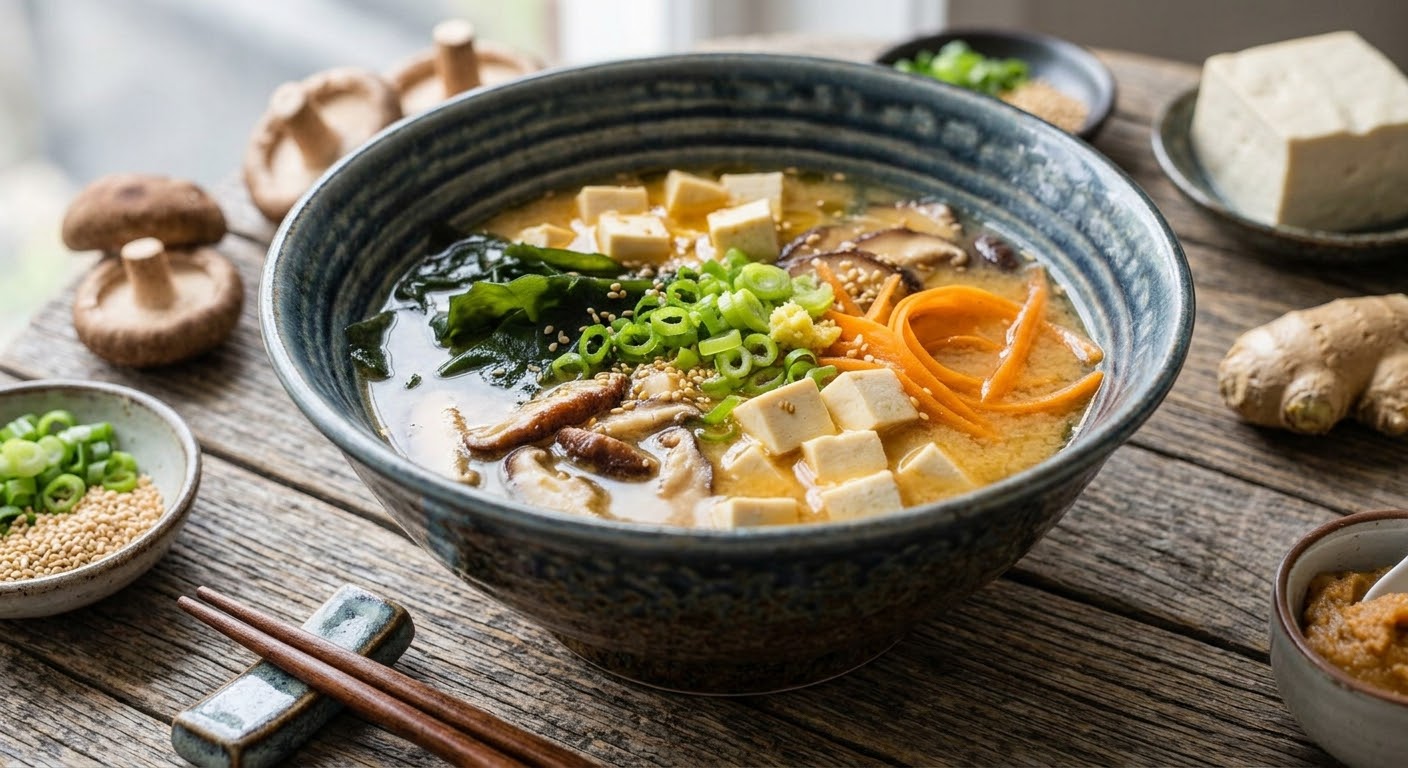 Primer plano desde un ángulo bajo de un cuenco de cerámica azul texturizada rebosante de sopa miso caliente. En el rico caldo asoman cubos de tofu firme, trozos oscuros de alga wakame, champiñones en láminas, finas tiras de zanahoria y cebolleta fresca picada en el centro, todo ello espolvoreado con semillas de sésamo. El tazón reposa sobre una mesa rústica de madera desgastada. Alrededor del plato principal se disponen unos palillos de madera sobre un reposapalillos, y pequeños cuencos que exhiben los ingredientes frescos: pasta de miso con una cucharilla, jengibre fresco, un bloque de tofu, champiñones enteros y más cebolleta picada.