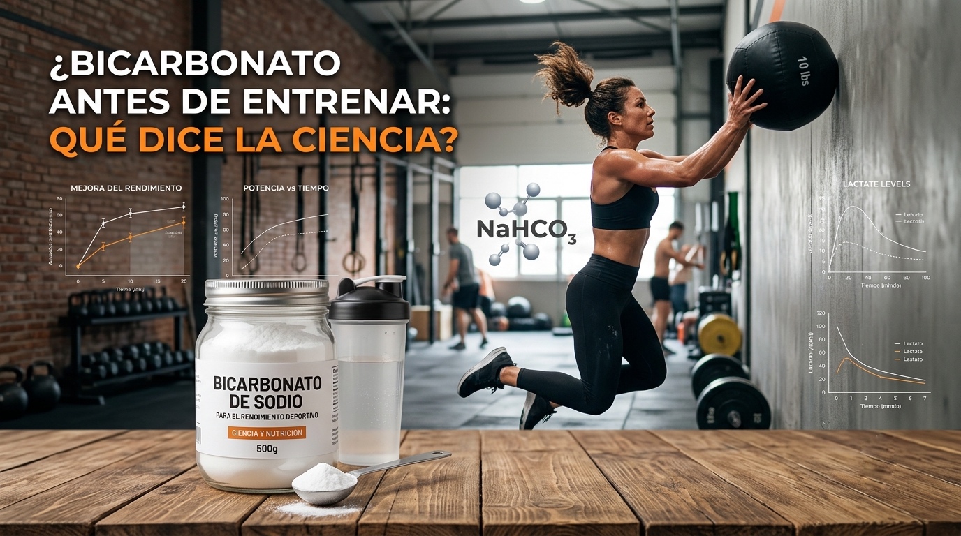 Bote de bicarbonato de sodio, un vaso mezclador y una cuchara medidora sobre una mesa de madera. De fondo, una mujer atleta entrenando con un balón medicinal en un gimnasio. La imagen incluye gráficos científicos sobre rendimiento deportivo y el texto: ¿Bicarbonato antes de entrenar: qué dice la ciencia?