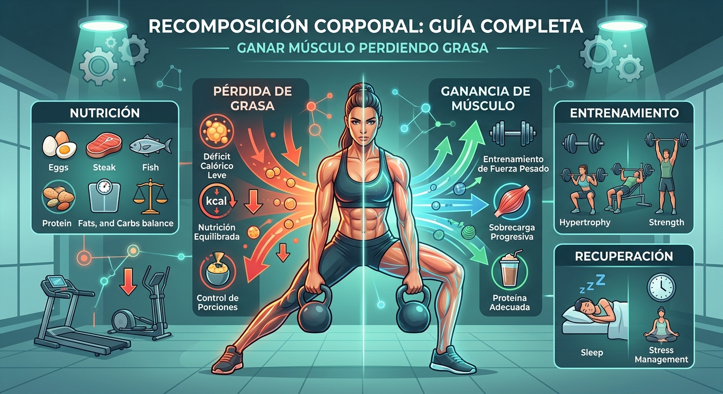 Infografía detallada sobre la recomposición corporal. En el centro, una mujer levantando pesas rusas dividida visualmente en dos procesos: el lado izquierdo ilustra la 'Pérdida de Grasa' con enfoque en déficit calórico, control de porciones y nutrición equilibrada; el lado derecho destaca la 'Ganancia de Músculo' con enfoque en entrenamiento de fuerza, sobrecarga progresiva y consumo adecuado de proteína. Incluye paneles laterales adicionales que detallan ejemplos de alimentos, ejercicios de hipertrofia y la importancia de la recuperación a través del sueño y el manejo del estrés.