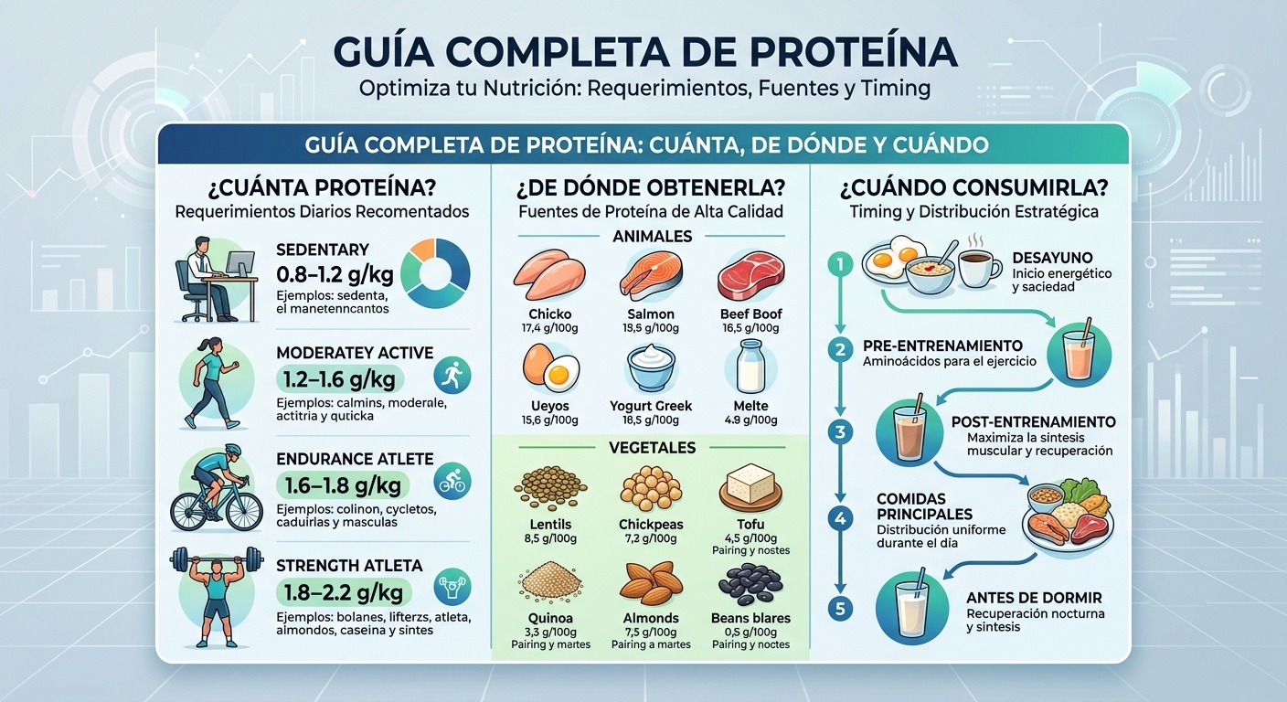 Infografía titulada "GUÍA COMPLETA DE PROTEÍNA", con el subtítulo "Optimiza tu Nutrición: Requerimientos, Fuentes y Timing". El diseño está dividido en tres secciones principales:  "¿CUÁNTA PROTEÍNA? (Requerimientos Diarios Recomendados)": Esta columna detalla los rangos de ingesta recomendados (en gramos por kilogramo de peso corporal) para cuatro perfiles de personas: sedentario (0.8-1.2), actividad moderada (1.2-1.6), atleta de resistencia (1.6-1.8) y atleta de fuerza (1.8-2.2), cada uno con iconos y descripciones de actividad.  "¿DE DÓNDE OBTENERLA? (Fuentes de Proteína de Alta Calidad)": Esta sección presenta fuentes de proteínas animales y vegetales, cada una con un icono de alimento y su contenido de proteína por cada 100 gramos. Las fuentes animales incluyen pollo, salmón, carne de res, huevos, yogur griego y leche. Las fuentes vegetales incluyen lentejas, garbanzos, tofu, quinoa, almendras y frijoles negros.  "¿CUÁNDO CONSUMIRLA? (Timing y Distribución Estratégica)": Esta columna ofrece un plan estratégico de momento de consumo numerado del 1 al 5: 1) Desayuno (inicio energético y saciedad), 2) Pre-entrenamiento (aminoácidos para el ejercicio), 3) Post-entrenamiento (recuperación muscular), 4) Comidas principales (distribución uniforme) y 5) Antes de dormir (recuperación nocturna y síntesis), con iconos de alimentos para cada punto. El fondo de la infografía es azul claro con gráficos de análisis de datos y circuitos tecnológicos.