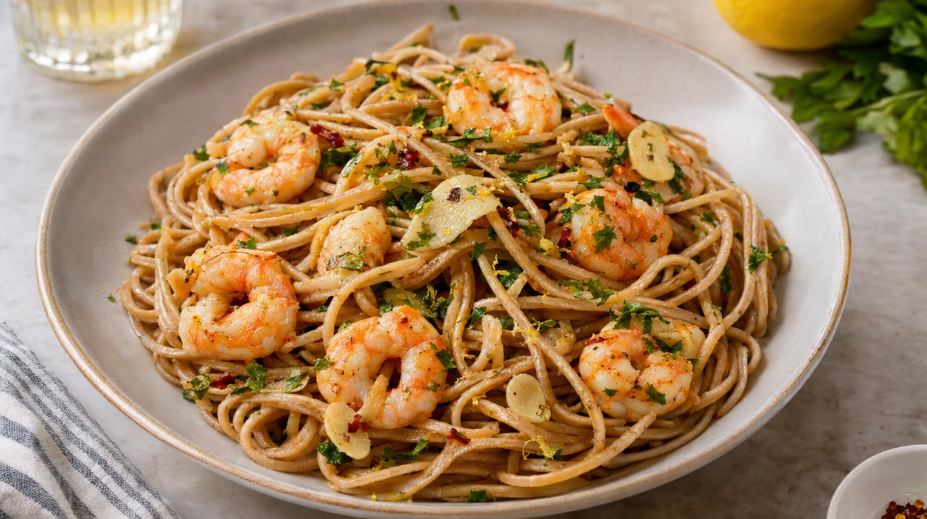 Pasta integral con gambas y ajo