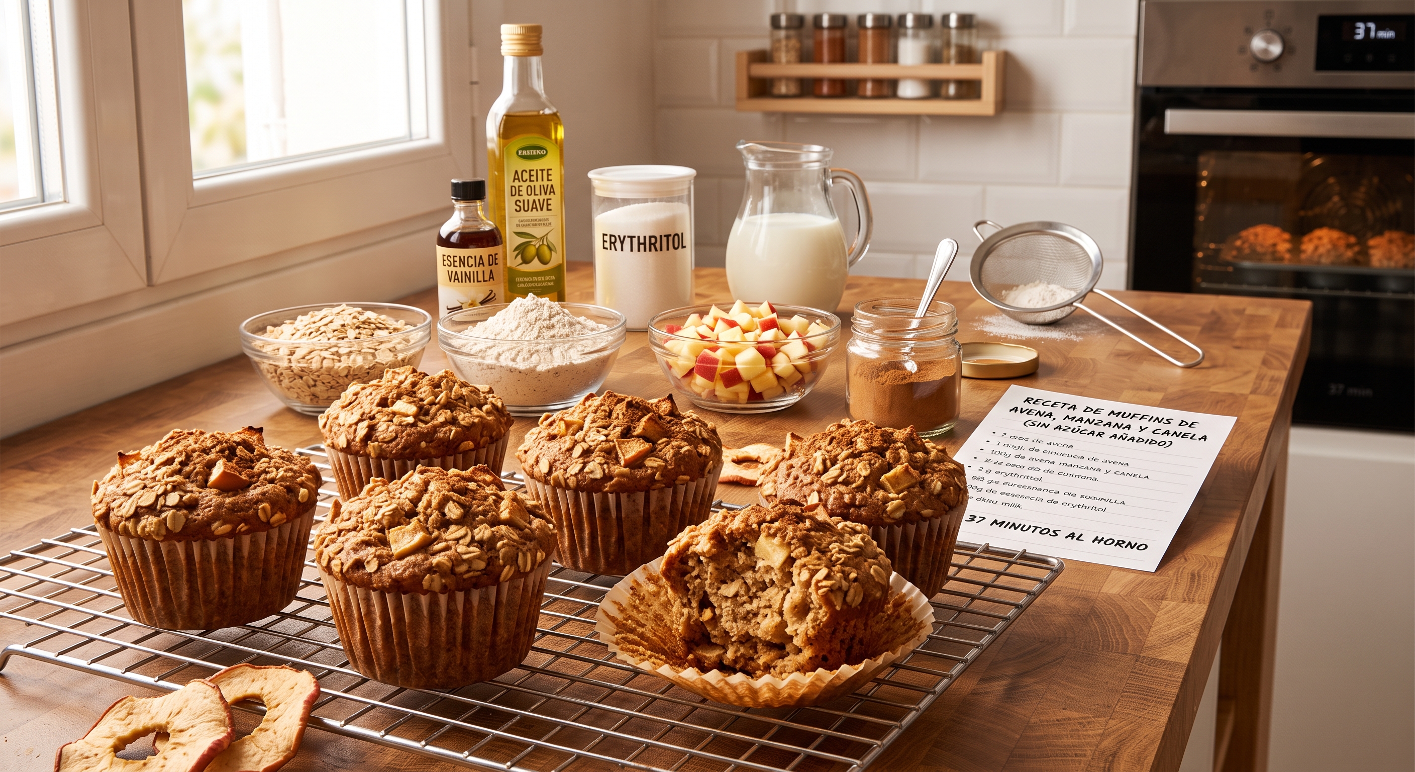Una vista de primer plano de seis muffins de avena, manzana y canela recién horneados sobre una rejilla de enfriamiento de metal, con rodajas de manzana seca en la esquina inferior izquierda. Sobre una encimera de madera detrás de la rejilla, varios ingredientes están dispuestos en cuencos y botellas: copos de avena, harina, dados de manzana fresca, eritritol, leche, aceite de oliva, esencia de vainilla y canela en polvo. Una tarjeta de receta en español con el título "RECETA DE MUFFINS DE AVENA, MANZANA Y CANELA (SIN AZÚCAR AÑADIDO)" y una lista de ingredientes detallada está sobre la encimera. Al fondo, se ve una cocina moderna con una ventana brillante, un estante de especias y un horno moderno con un temporizador digital que marca 37 minutos. La luz natural ilumina la escena.