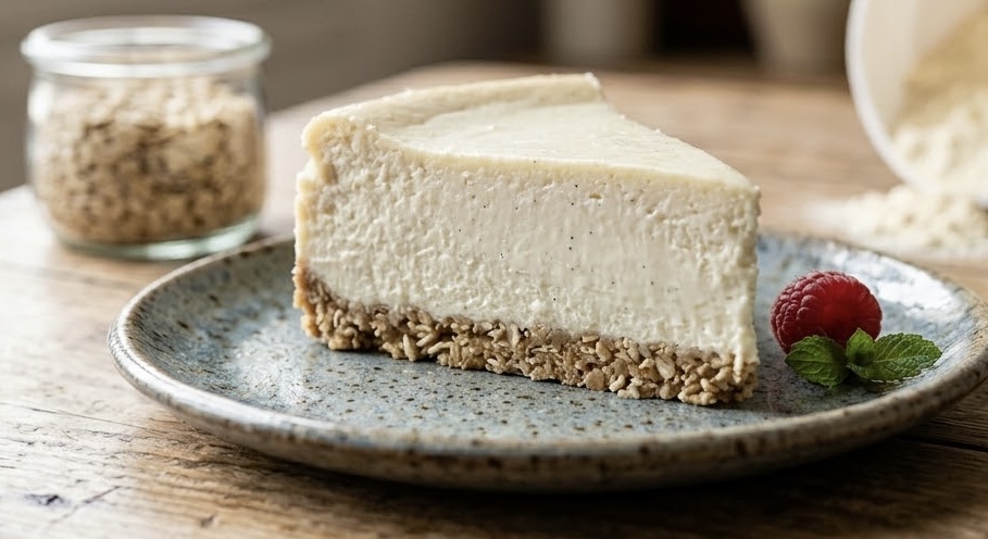 Una fotografía de primer plano de una porción de tarta de queso saludable alta en proteínas, servida sobre un plato de cerámica moteado. La porción tiene una base texturizada de copos de avena triturados y un relleno cremoso de color beige pálido con visibles motas de vainilla. Está decorada con una frambuesa fresca y una ramita de menta. La porción descansa sobre una mesa de madera envejecida. Al fondo, ligeramente desenfocados, hay un tarro de cristal con copos de avena y un bote abierto de suplemento de proteína en polvo con un batidor de varillas, que sugieren los ingredientes y la preparación.