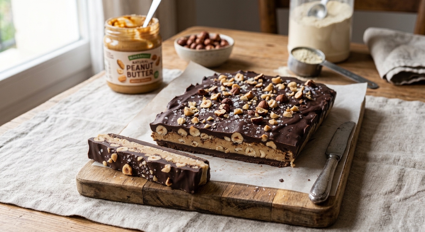 Una fotografía de plano cercano de un bloque grande y una sola rodaja reclinada de turrón (nougat) de chocolate y mantequilla de cacahuete de múltiples capas, descansando sobre papel pergamino en una tabla de cortar de madera. El turrón tiene capas de chocolate negro, un centro cremoso de mantequilla de cacahuete con avellanas tostadas enteras y picadas incrustadas, y está cubierto con sal marina en escamas y cacahuetes picados. Un cuchillo vintage está a su lado. En el fondo, hay un frasco de "Meridional Natural Peanut Butter" (Mantequilla de Cacahuete Natural Meridional) con una cuchara, un tazón de avellanas enteras y un frasco de proteína en polvo con una cuchara. Luz natural de la ventana.