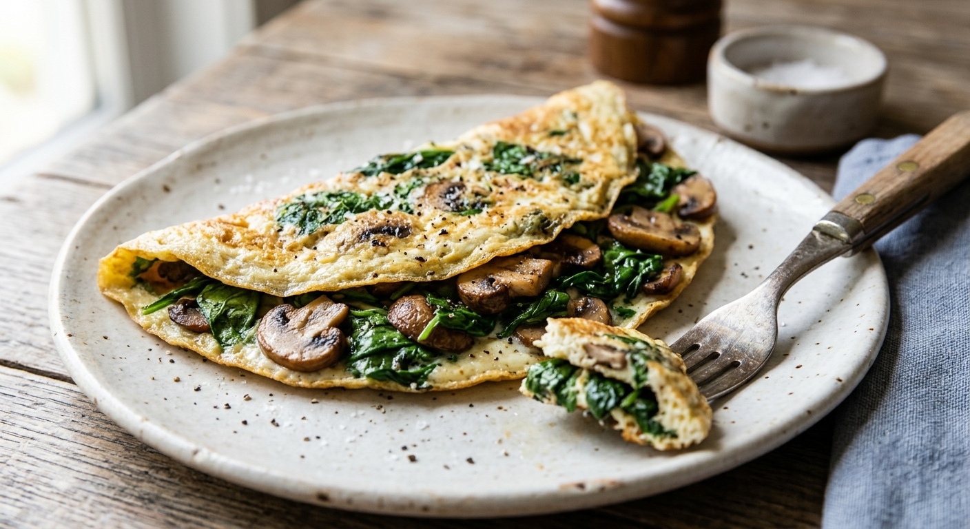 Un primer plano detallado de un omelette rústico relleno de espinacas salteadas y rodajas de champiñones, presentado en un plato de cerámica artesanal sobre una mesa de madera texturizada. Un tenedor de estilo vintage a la derecha sostiene un pequeño bocado de la tortilla. En el fondo desenfocado, hay un pequeño cuenco de sal y un pimentero de madera