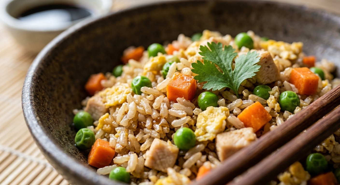 Vista de primer plano de un cuenco de cerámica oscuro lleno de arroz frito integral salteado con guisantes verdes, cubos de zanahoria, trozos de huevo revuelto y dados de pollo. El plato está adornado con una rama de perejil fresco y hay palillos de madera oscuros sobre el borde. El cuenco descansa sobre una esterilla de bambú.
