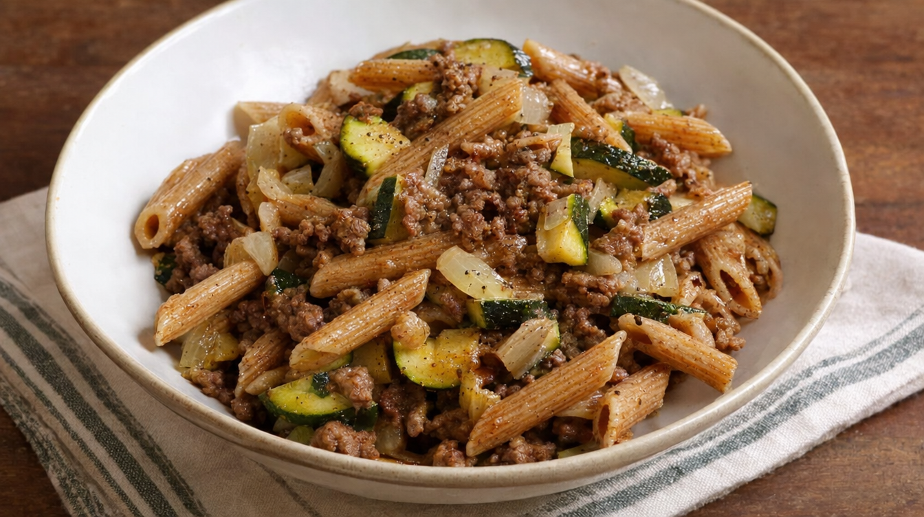 Pasta integral de espelta con carne picada, calabacín y cebolla