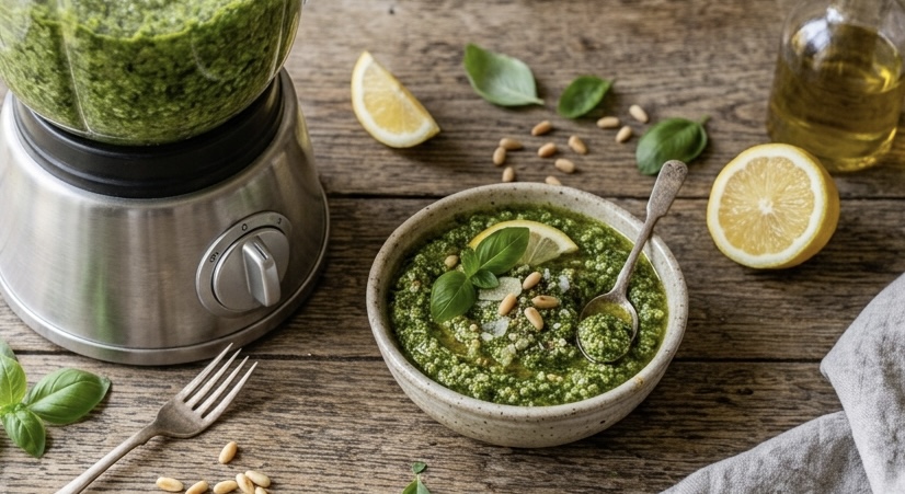 Una vista cenital de una mesa de madera rústica junto a una ventana. En el centro hay una batidora de vaso de acero inoxidable llena de un pesto de albahaca vibrante, cubierta con piñones enteros y hojas de albahaca fresca. A la derecha, un cuenco de cerámica rústica con más pesto, una cuchara de metal pequeña y una rodaja de limón. Alrededor están esparcidos piñones, hojas de albahaca sueltas, rodajas de limón, una pequeña botella de aceite de oliva y una servilleta de lino gris.