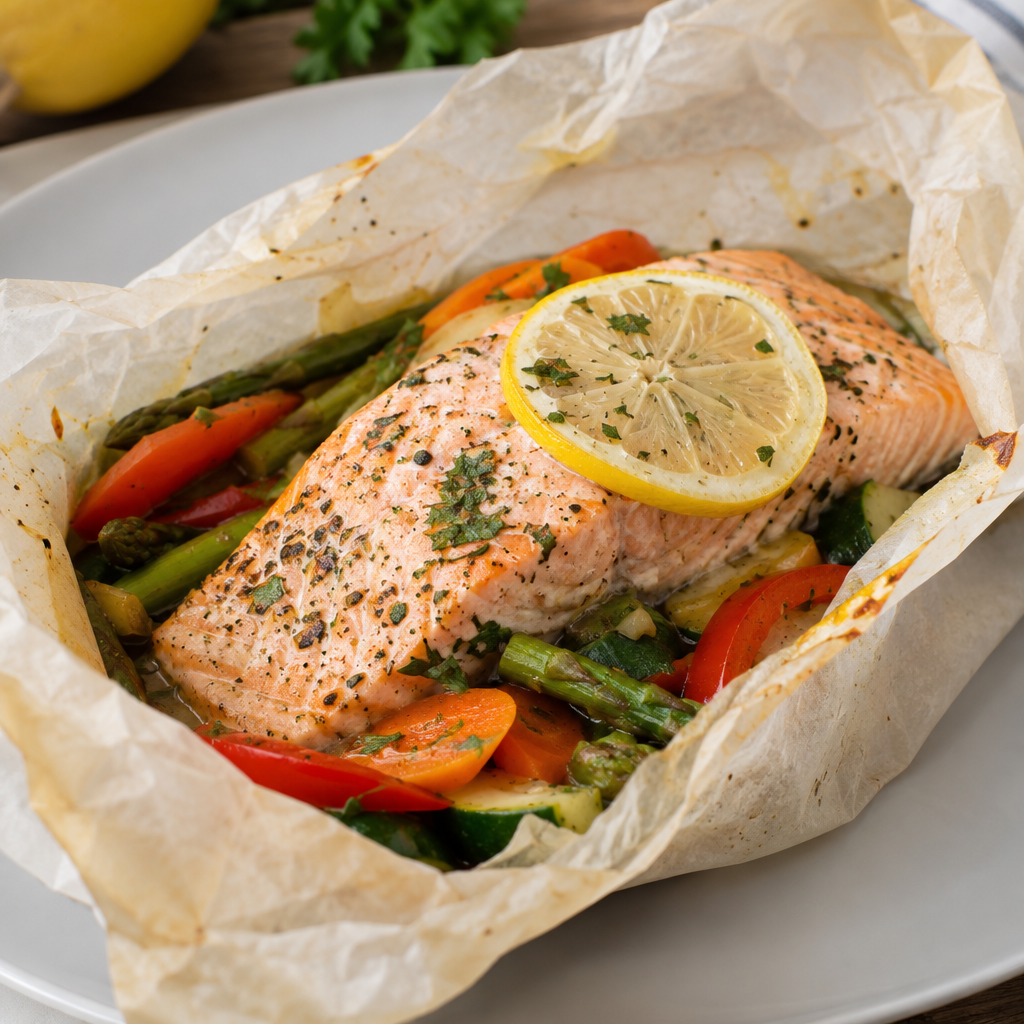 Salmón en papillote con verduras y limón