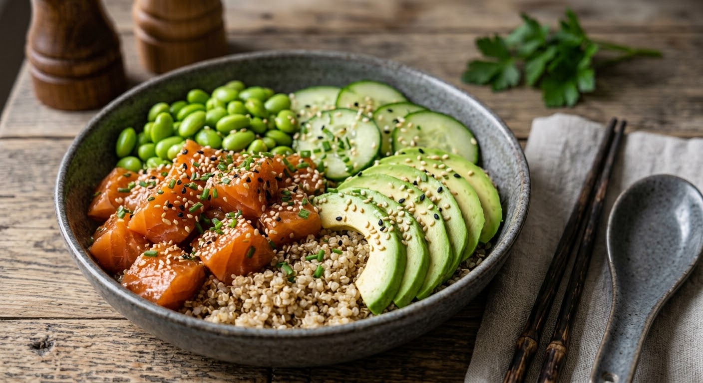 Un tazón de cerámica rústica moteada lleno de un poke bowl de salmón, servido sobre una base de quinoa y cubierto con frijoles edamame, rodajas de pepino y aguacate feteado, todo espolvoreado con cebollino picado y semillas de sésamo blancas y negras. El plato está en una mesa de madera rústica, con un par de palillos de madera oscuros y una cuchara de cerámica mate sobre una servilleta de lino gris claro a la derecha. En el fondo borroso hay molinillos de especias de madera y un manojo de perejil fresco.