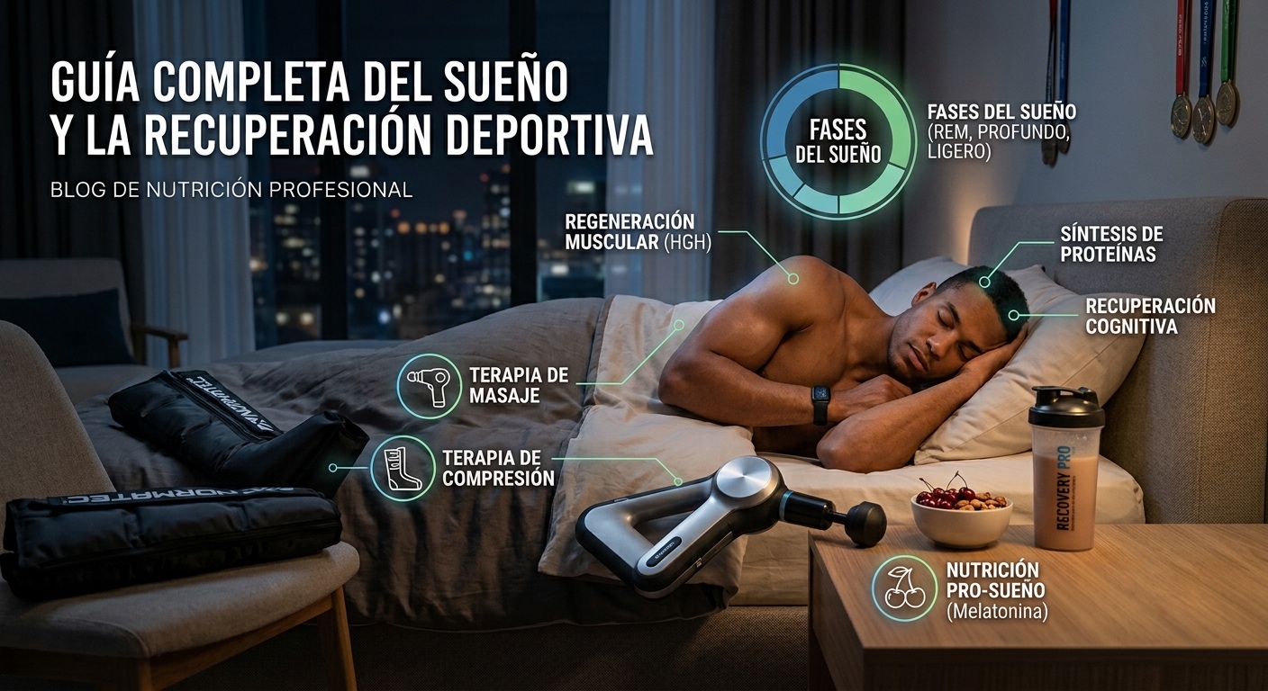Una infografía detallada del blog de nutrición profesional titulada 'Guía Completa del Sueño y la Recuperación Deportiva'. Muestra a un atleta durmiendo en una cama, con múltiples etiquetas y gráficos que explican los procesos de recuperación. Estos incluyen: un gráfico de fases del sueño (REM, Profundo, Ligero); beneficios corporales como la regeneración muscular (HGH), síntesis de proteínas y recuperación cognitiva; y terapias como botas de compresión Normatec en una silla, una pistola de masaje en la cama, y nutrición pro-sueño con melatonina (cuenco de cerezas, nueces y batido Recovery Pro) en la mesita de noche. La escena es un dormitorio moderno por la noche con vista a la ciudad y medallas colgando en la pared.