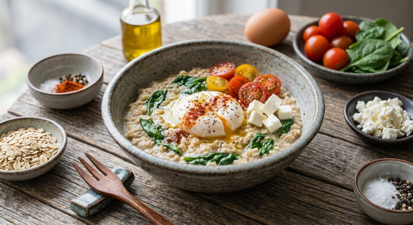 Vista en ángulo de un cuenco de cerámica rústica con una ración de gachas de avena saladas. En el centro del plato destaca un huevo escalfado partido, con la yema líquida derramándose sobre la avena, espolvoreado con pimentón y pimienta negra. Acompañan al huevo tomates cherry cortados por la mitad, hojas de espinaca integradas en la mezcla y dados de queso fresco. El cuenco reposa sobre una mesa de madera rústica texturizada. Alrededor del plato principal se distribuyen armoniosamente pequeños cuencos con los ingredientes de la receta: copos de avena crudos, una mezcla de sal, pimienta y pimentón, tomates cherry y espinacas frescas, queso desmenuzado, un huevo entero y una aceitera. En primer plano, a la izquierda, descansa un tenedor de madera sobre un pequeño soporte.