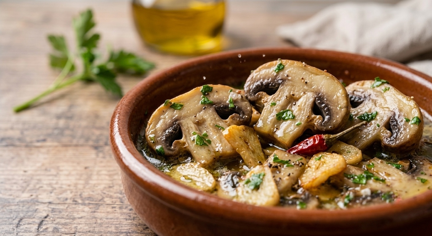 Primerísimo plano de una cazuela tradicional de barro con jugosos champiñones al ajillo. Se aprecian con gran detalle las gruesas láminas de champiñón bañadas en aceite de oliva, acompañadas de abundantes láminas de ajo frito y dorado, una pequeña guindilla roja seca entera, pimienta negra recién molida y perejil fresco picado espolvoreado por encima. El plato reposa sobre una mesa de madera rústica, y en el fondo desenfocado se intuye una botella de aceite de oliva, una ramita de perejil y una servilleta de lino claro.