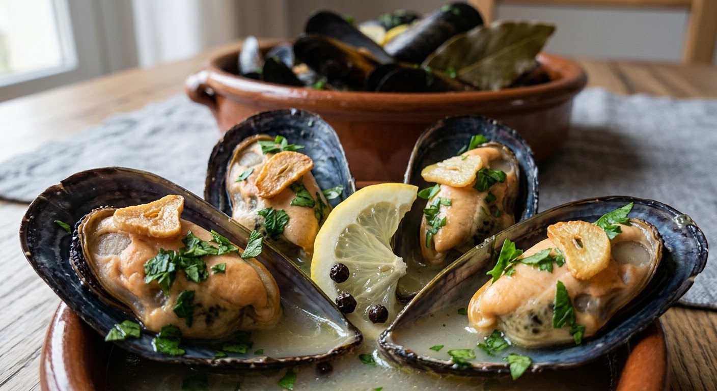 Primer plano de cuatro mejillones abiertos en sus conchas, coronados con rodajas de ajo crujientes y perejil picado, servidos en un cuenco de barro con una rodaja de limón y pimienta negra. Al fondo, una cazuela de barro más grande con más mejillones y una hoja de laurel sobre una mesa de madera.
