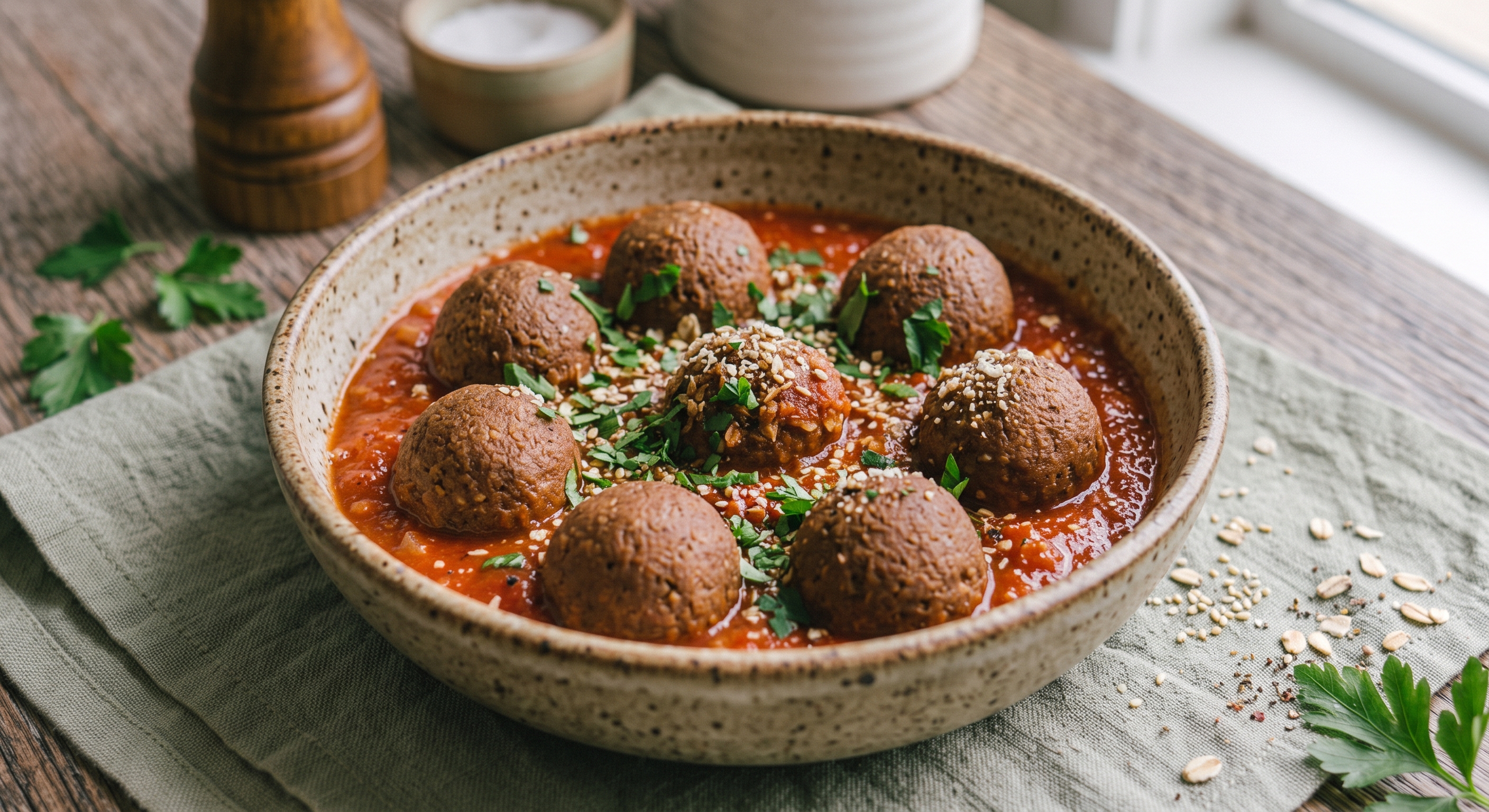 Un cuenco de cerámica rústica moteada, lleno de albóndigas en una espesa salsa de tomate roja, cubiertas con perejil fresco picado y semillas de sésamo. El cuenco está centrado sobre un mantel de lino verde salvia, que a su vez está sobre una mesa de madera rústica. En el fondo, hay un pimentero de madera y un pequeño cuenco de sal. Ramitas de perejil fresco y semillas de sésamo están esparcidas sobre el mantel. La escena está iluminada por luz natural que proviene de una ventana a la derecha.